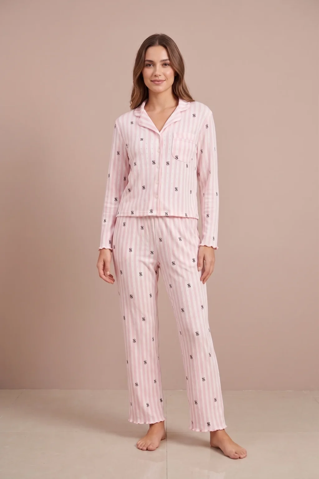 Pijama de algodón pointelle rosa de rayas