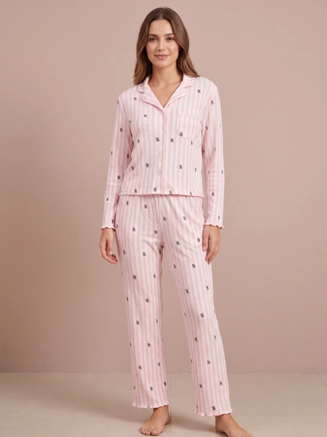 Pijama de algodón pointelle rosa de rayas